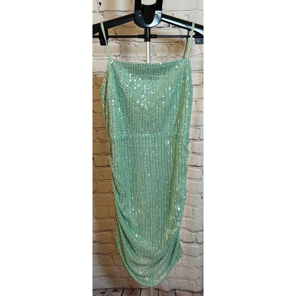 Mint Green Sequin Ruched Bodycon Mini Dress Lace Up Back Asymmetrical Hem Medium